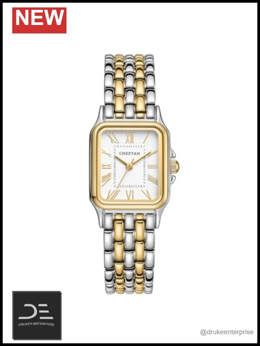 Vintage Rectangular Case Wrist Watch with Roman Numerals, Stainless Steel Band